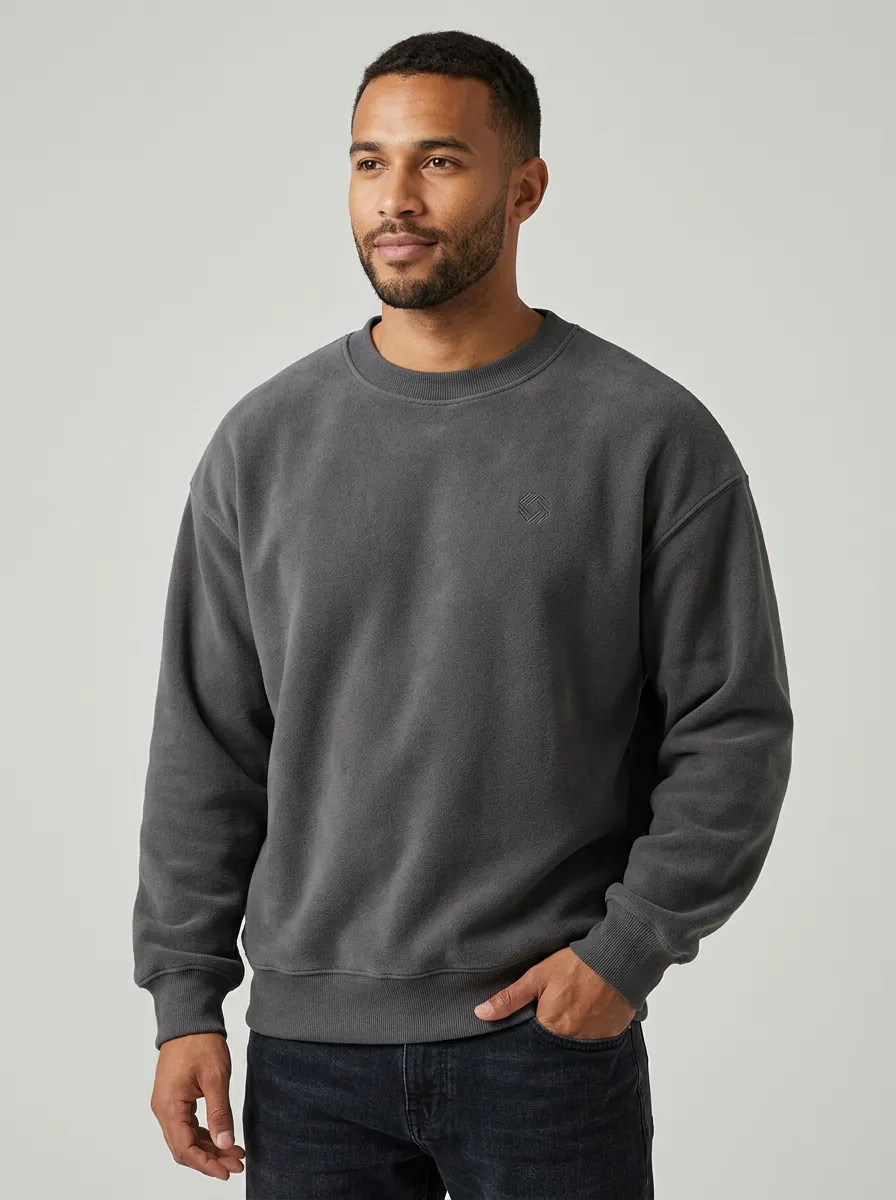 Men's Charcoal Grey Minimalist Graphic Embroidered Fleece Sweatshirt