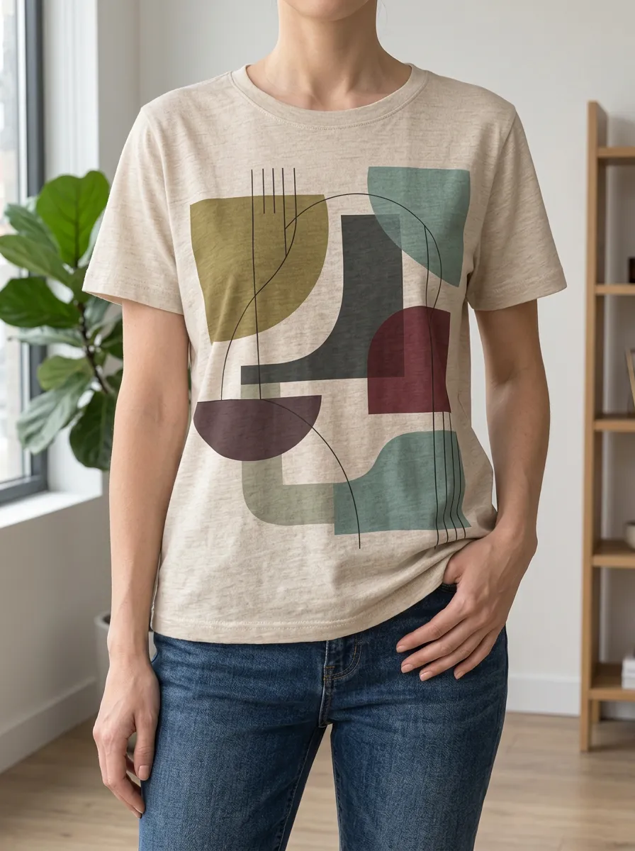 Women's Layered Abstract Art Geometric Shapes Crew Neck T-Shirt