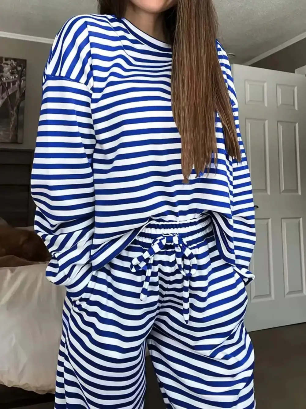 Relaxed Striped Round Neck Top and Pants Set