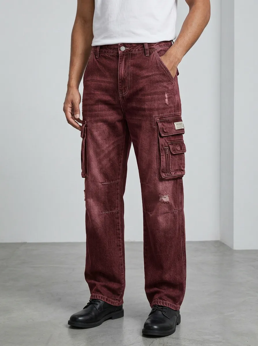 Men's Streetwear Washed Grey Distressed Cargo Pants