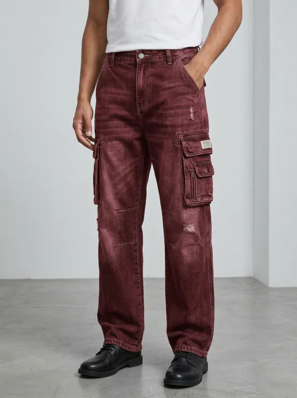 Men's Streetwear Washed Grey Distressed Cargo Pants