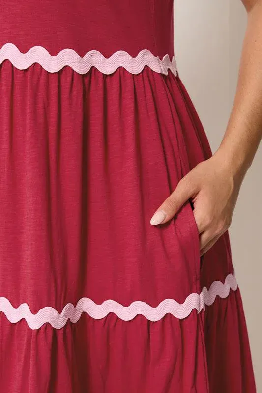 Red Swirl Trim Tiered Maxi Dress