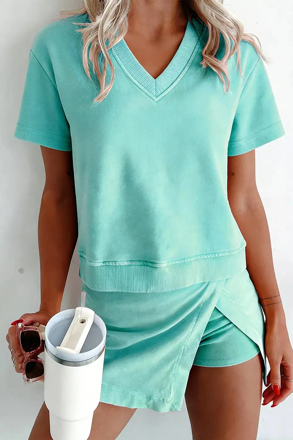Casual V Neck Top and Wrap Skort Set