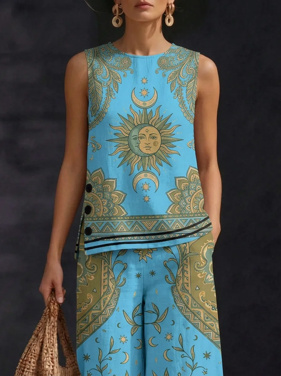 Women's Boho Celestial Sun Moon Printed Sleeveless Set