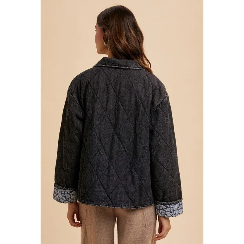 Quilted Printed Lining Snap-Down Denim Jacket