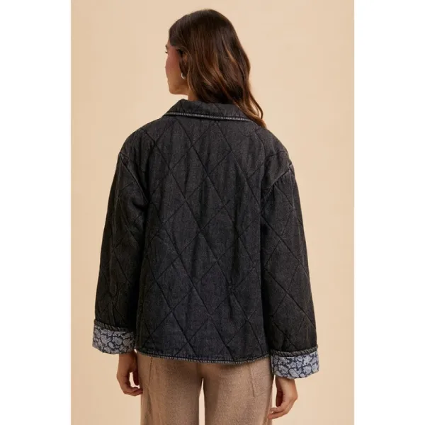 Quilted Printed Lining Snap-Down Denim Jacket