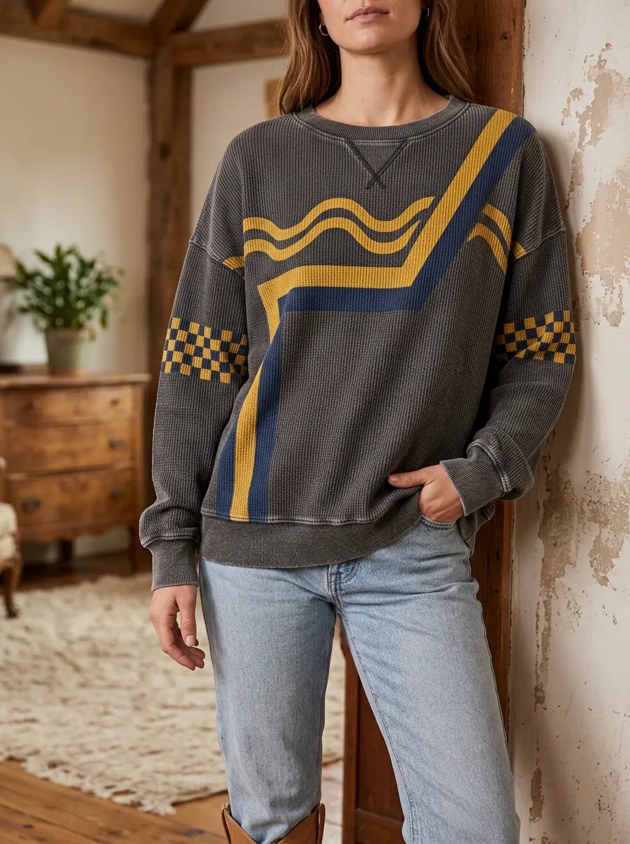 Women's Geometric Wave Checkerboard Printed Waffle Knit Sweatshirt