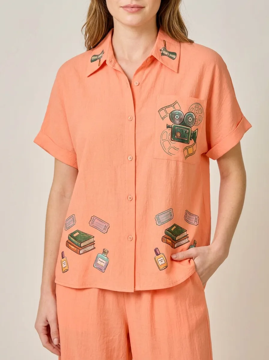 Women's Movie Lover Cinema Books Graphic Button-up Shirt Tank Top
