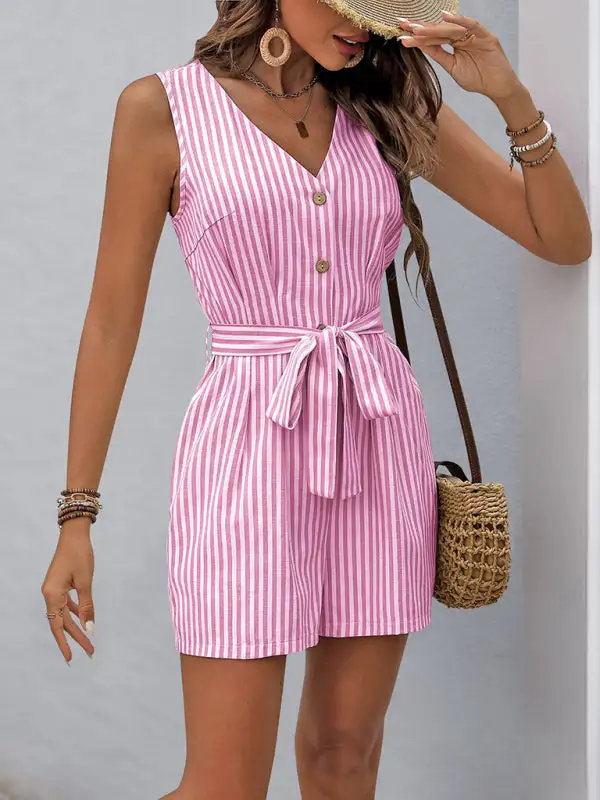 V Neck Sleeveless Striped Jumpsuit