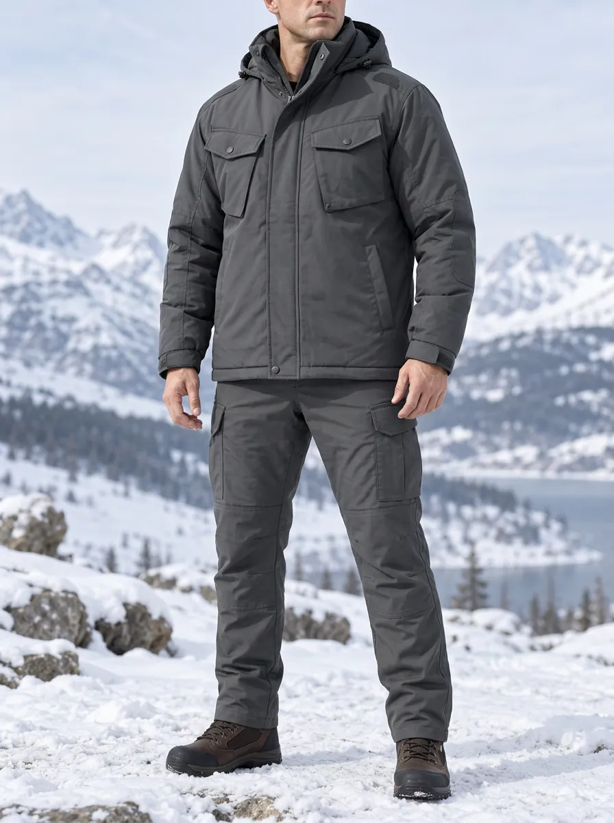 Outdoor Essentials Hooded Thermal Cargo Jacket and Pants Two Piece Outfit for Men