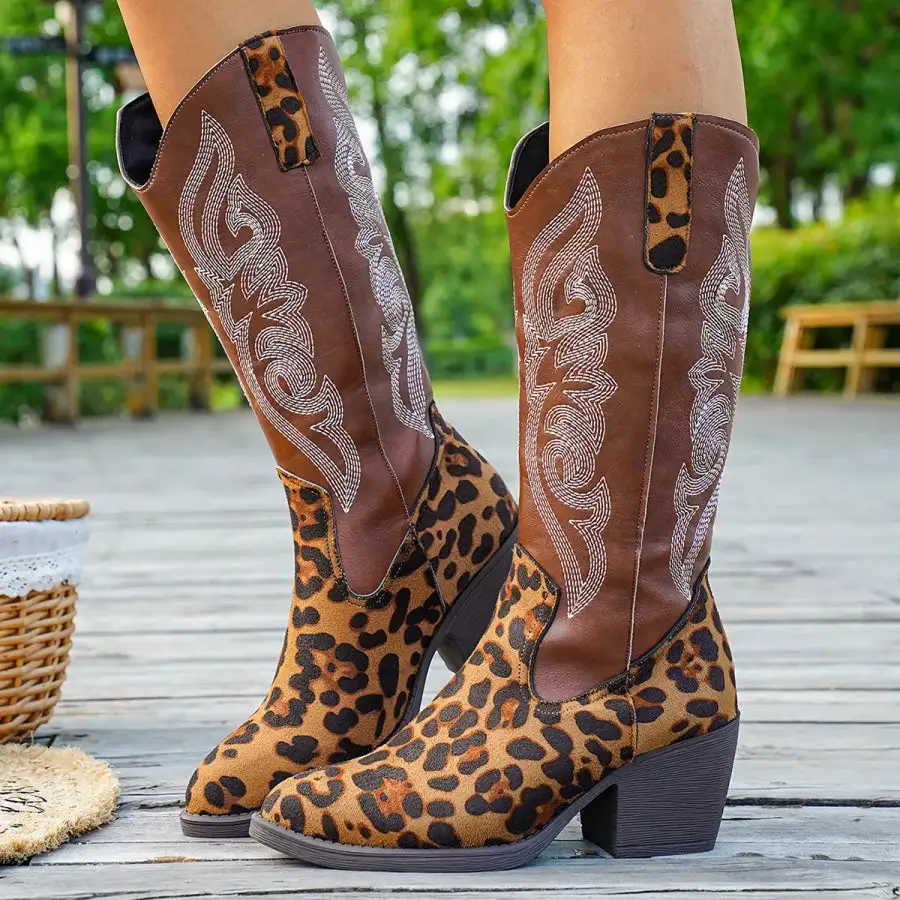 Western Embroidered Mid-calf Boots
