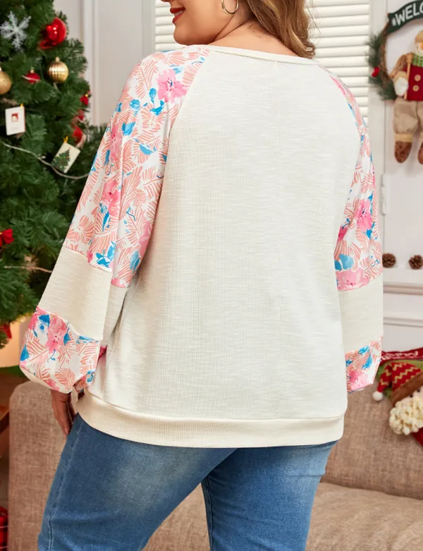 Women's Floral Print Ribbed Puff Sleeve Top