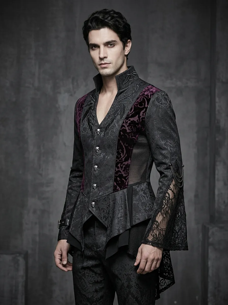 Heritage Skull Victorian Lace Street Look Men's Gothic Asymmetric Shirt