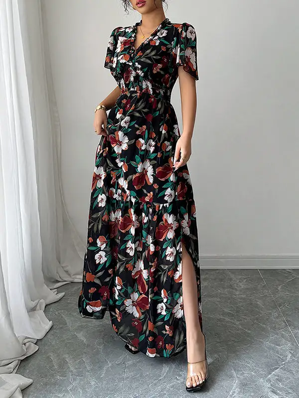 Loose Elasticity Pleated Neck Maxi Dress