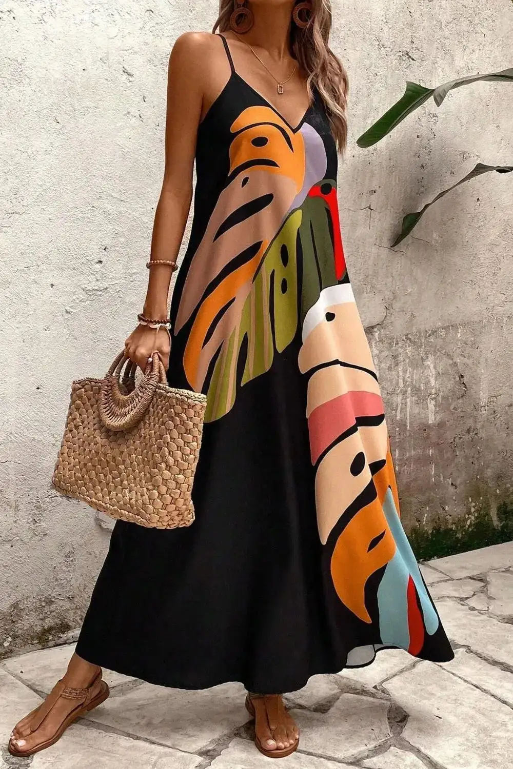 Leaf Print V-Neck Maxi Cami Dress