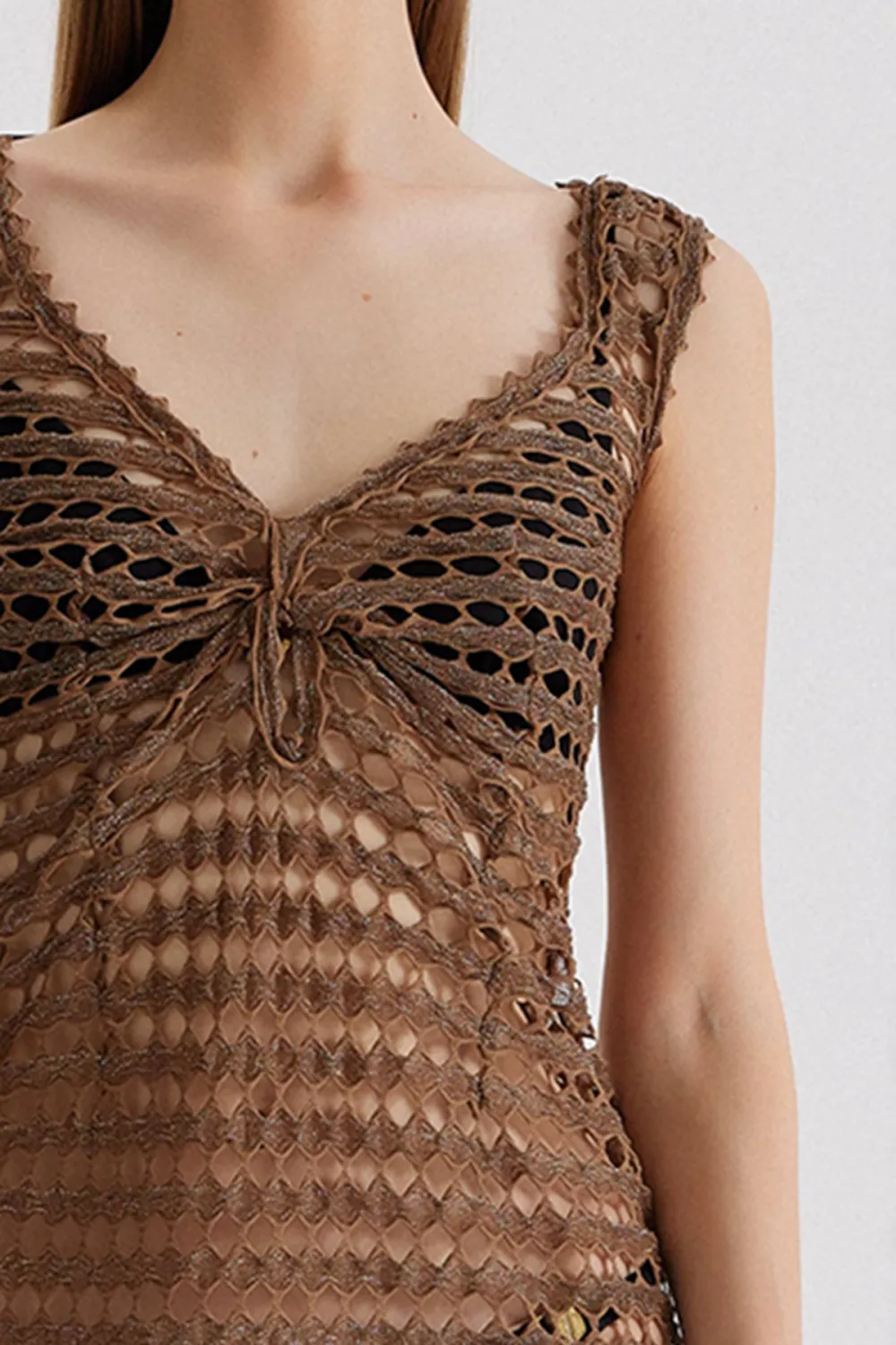 V-Neck Mini Dress-Brown