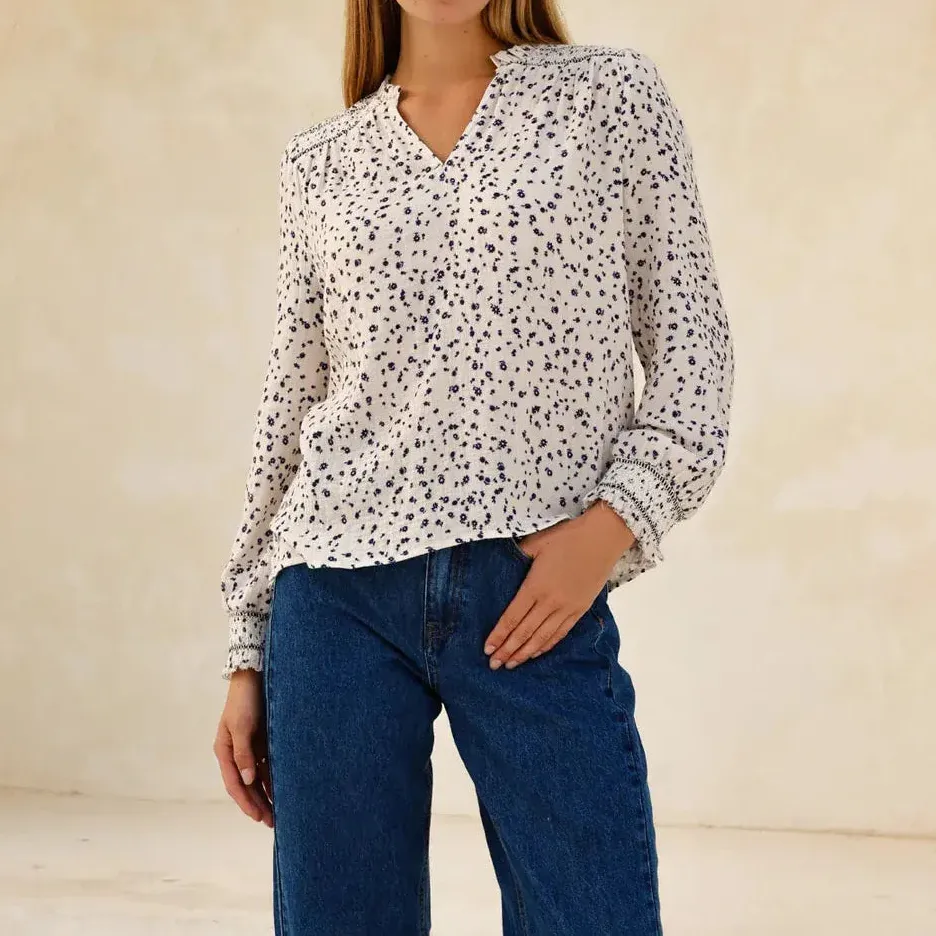 Long-Sleeve Smocked Textured Women's Shirt