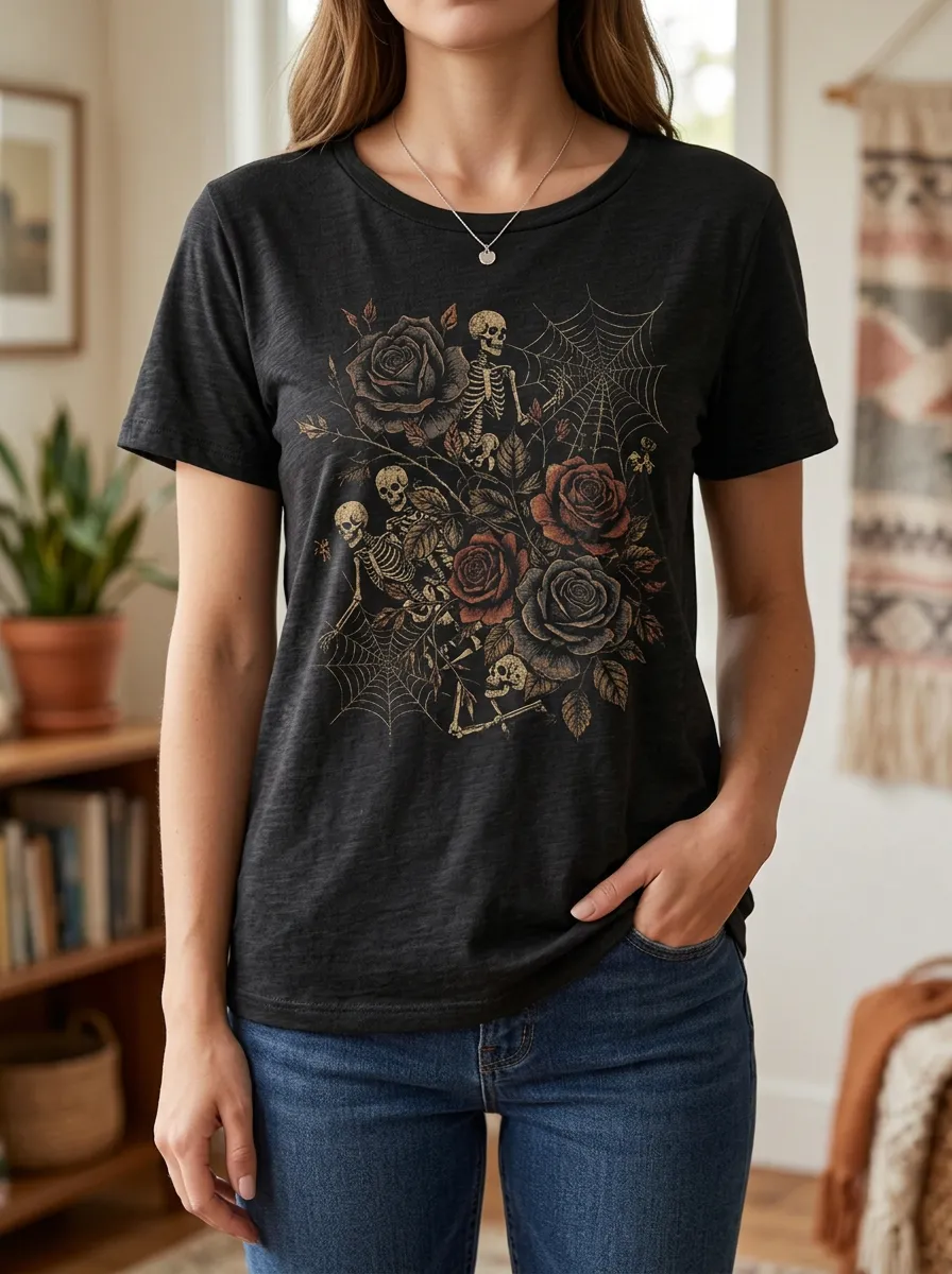 Women's Halloween Gothic Skeleton Rose Spiderweb Printed T-shirt