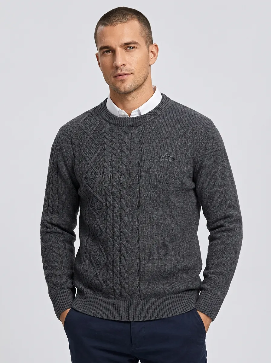 Men's Charcoal Grey Mountain Graphic Embroidered Knit Sweater