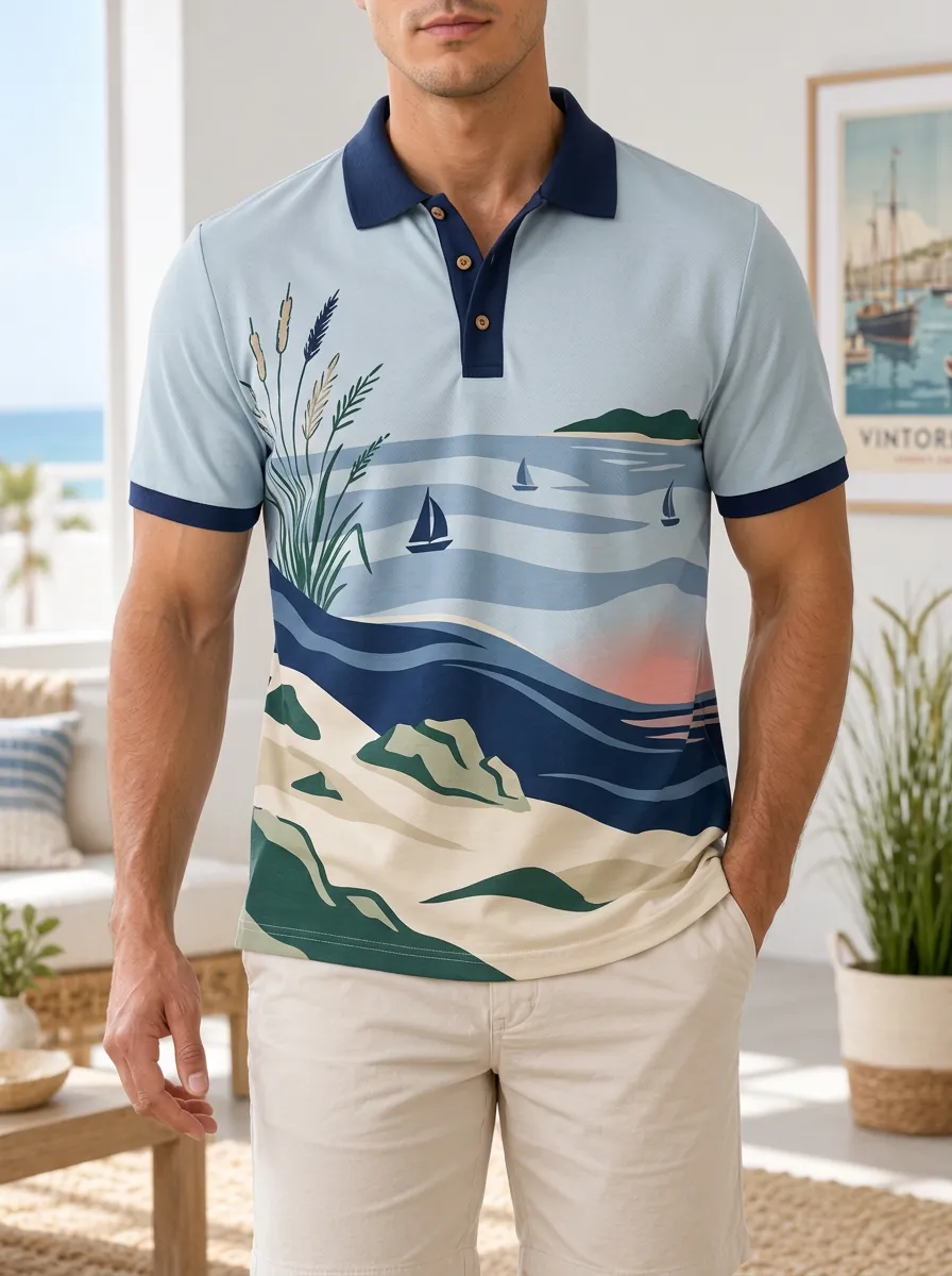 Men's Beach Landscape Sailboat Printed Polo Shirt