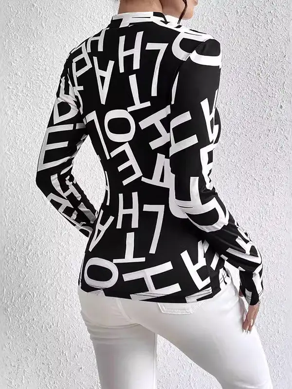 Long Sleeve Slim Fit Letter Print Panel Detail Mock Neck T-Shirt