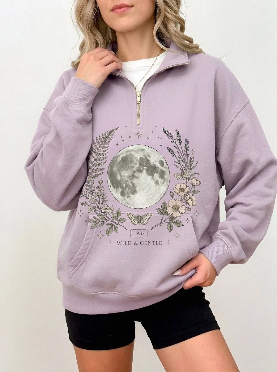 Women's Celestial Moon Floral Moth Graphic Quarter Zip Sweatshirt