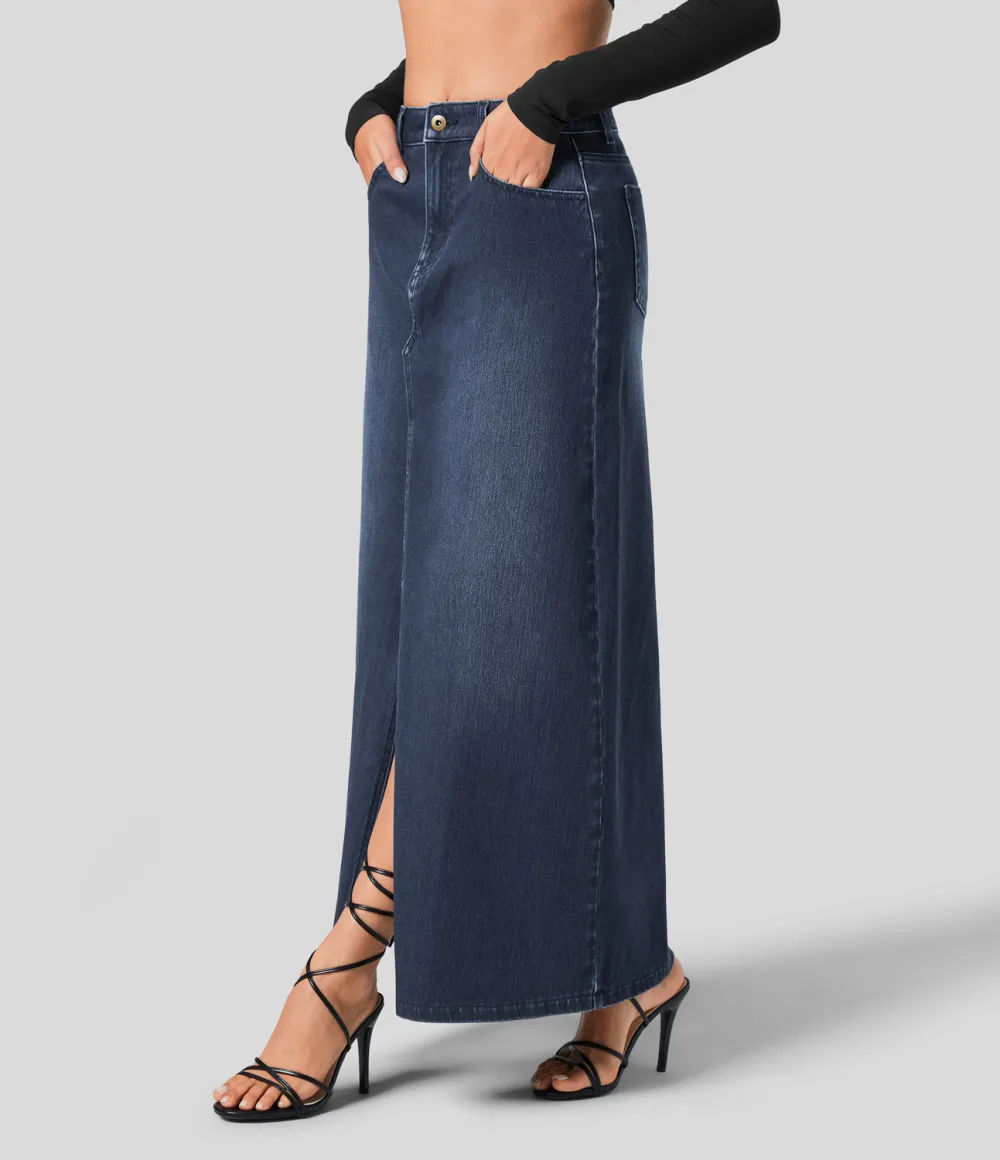 Magic Mid Rise Button Zipper Multiple Pockets Split A Line Stretchy Knit Denim Maxi Casual Skirt