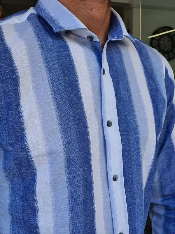 Textured Long Sleeve Slim Fit Striped Cotton Casual Shirt