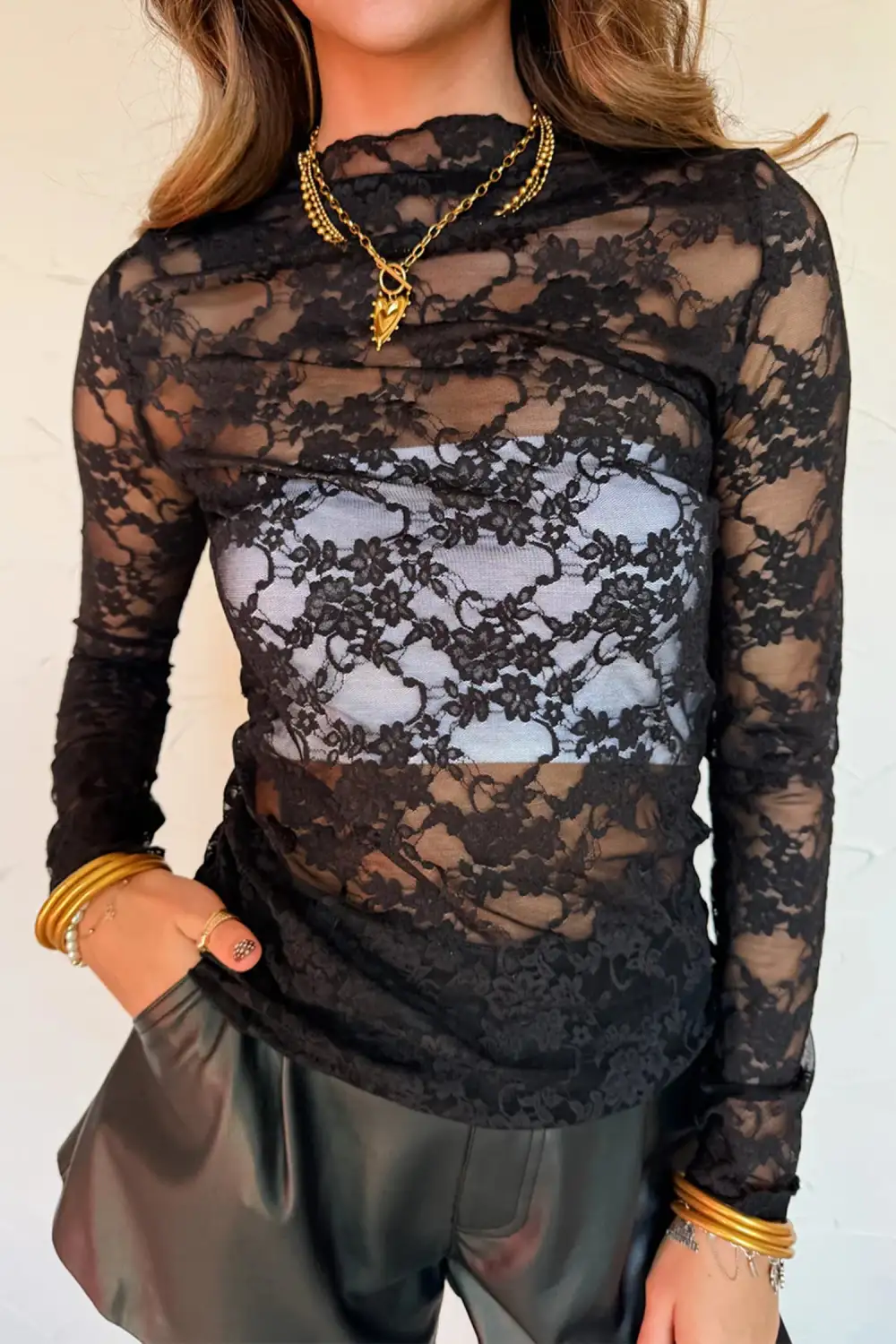 Floral Print Mesh Fitted Stretch Knit Long Sleeve Top