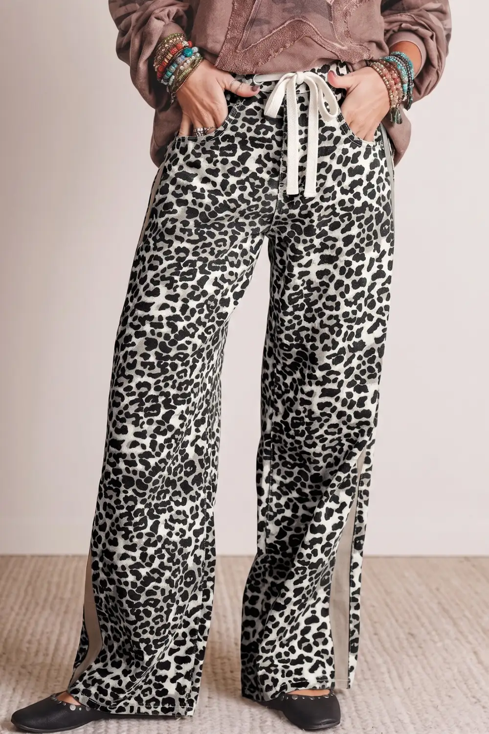 Women's Leopard Print Drawstring Waist Straight Leg Jeans