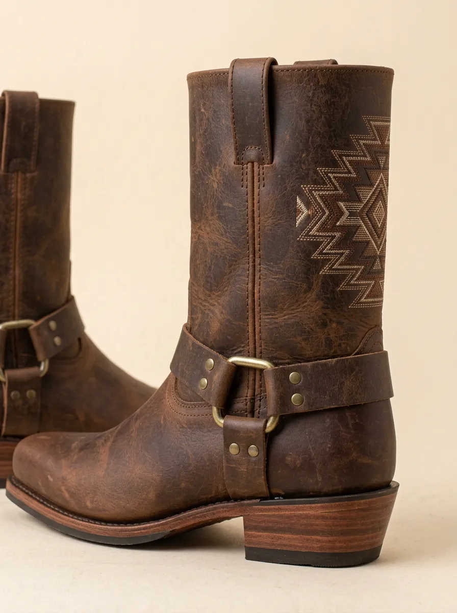 Men's Western Cowboy Geometric Pattern Printed Leather Boots