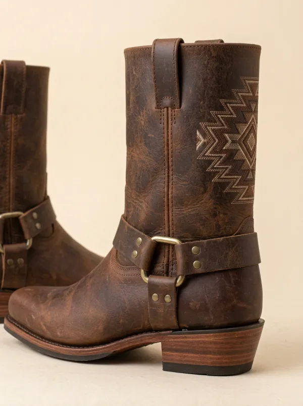 Men's Western Cowboy Geometric Pattern Printed Leather Boots