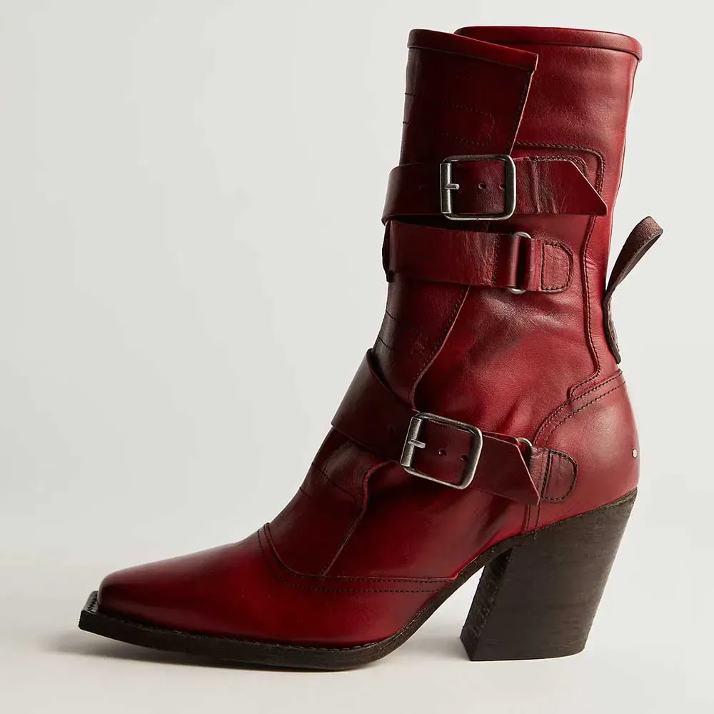 Faux-Leather Buckle-Detail Strappy Zip-Up Ankle Boots