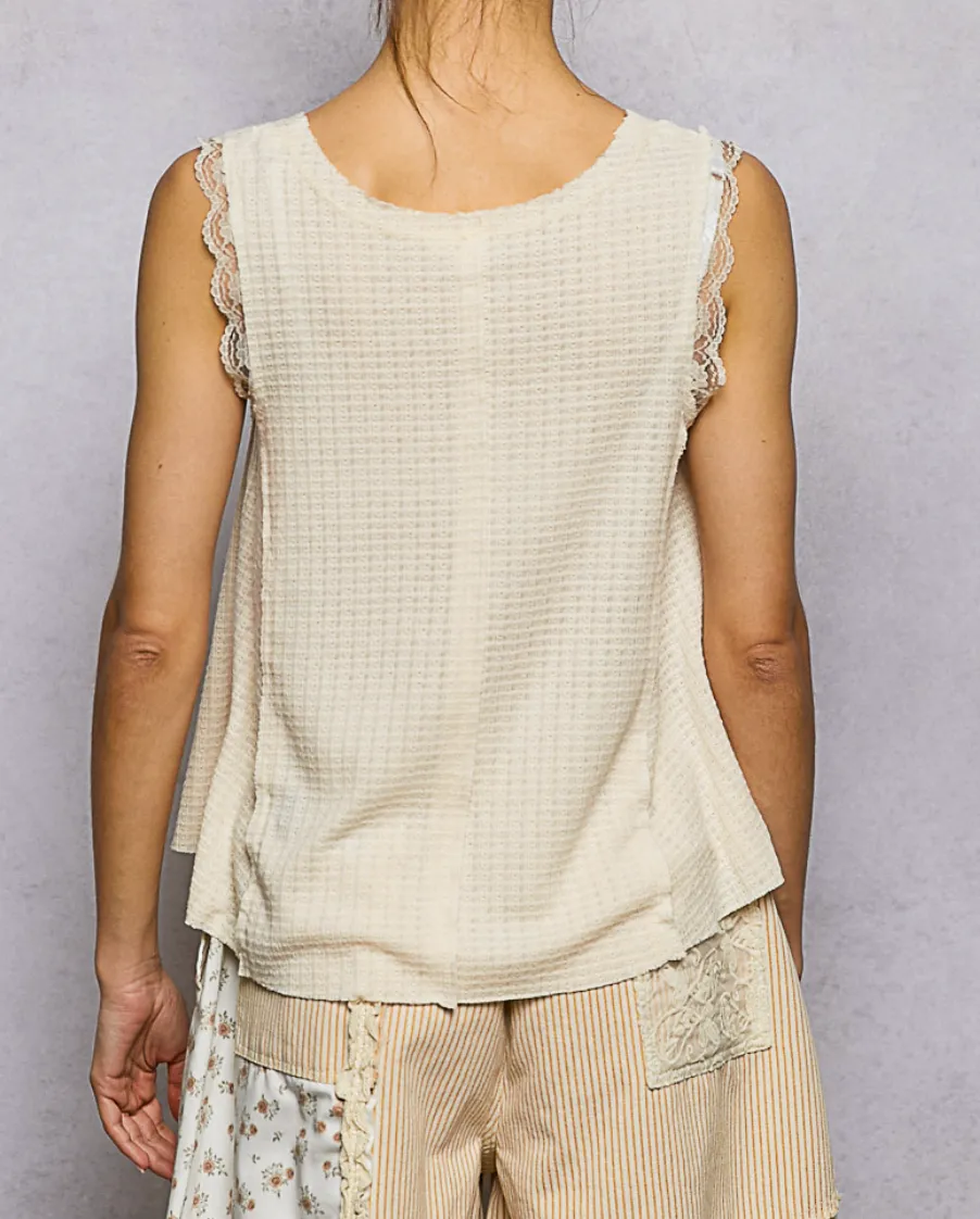 Wavy Lace Trim Button Front A Line Knit Top