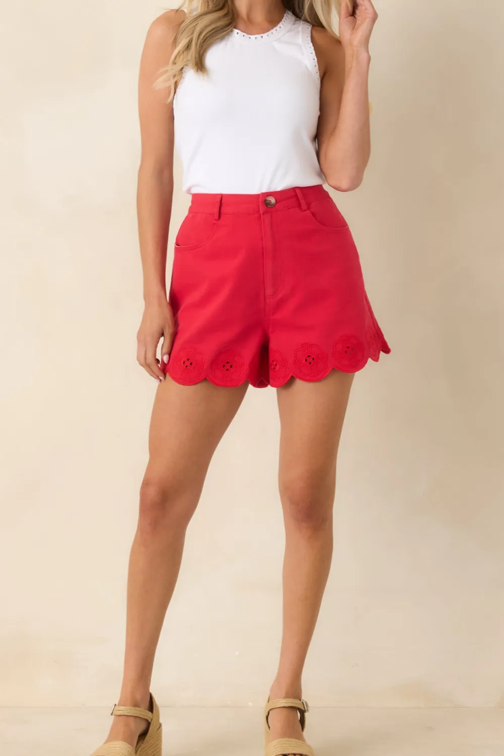 Cotton Scalloped Hem Tailored Shorts
