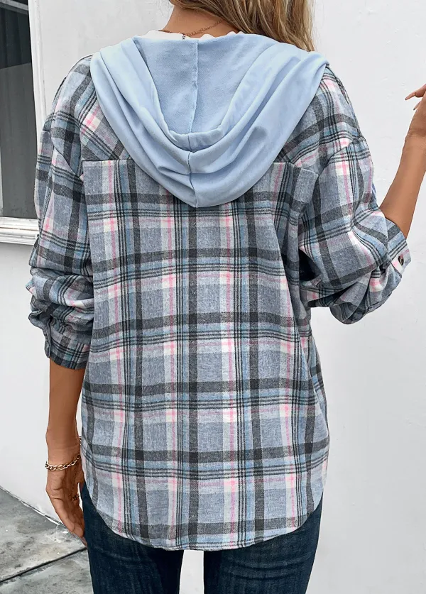Blue Drawstring Plaid Long Sleeve Hooded Coat