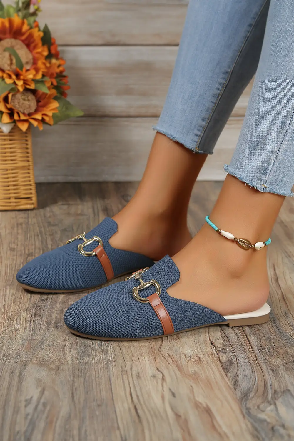 Sky Leather Strap Buckle Decor Slip On Flats