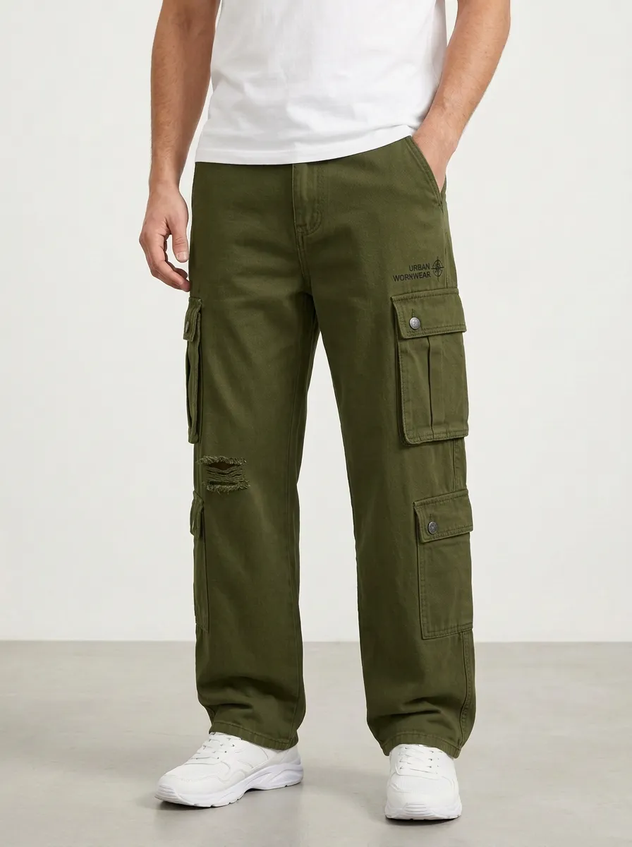 Men's Urban Workwear Distressed Denim Printed Cargo Jeans