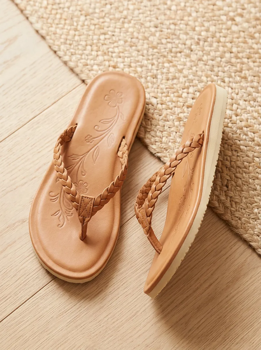 Women's Braided Strap Floral Flat Flip Flops