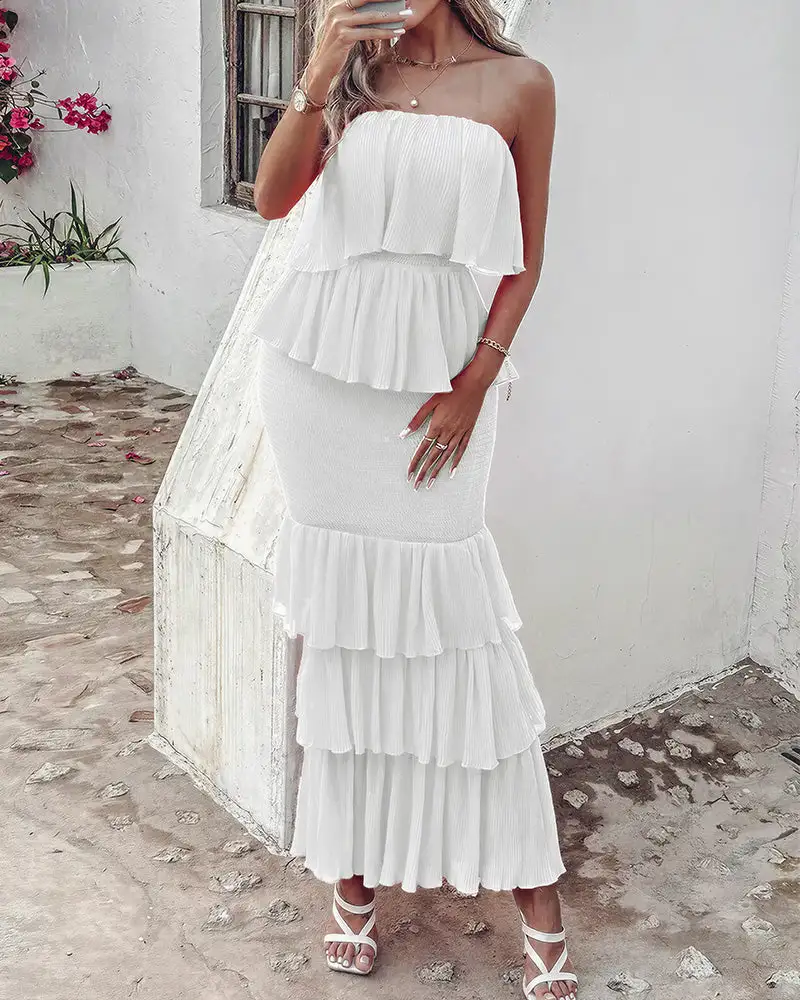 Strapless Smocked Tiered Ruffle Maxi Dress
