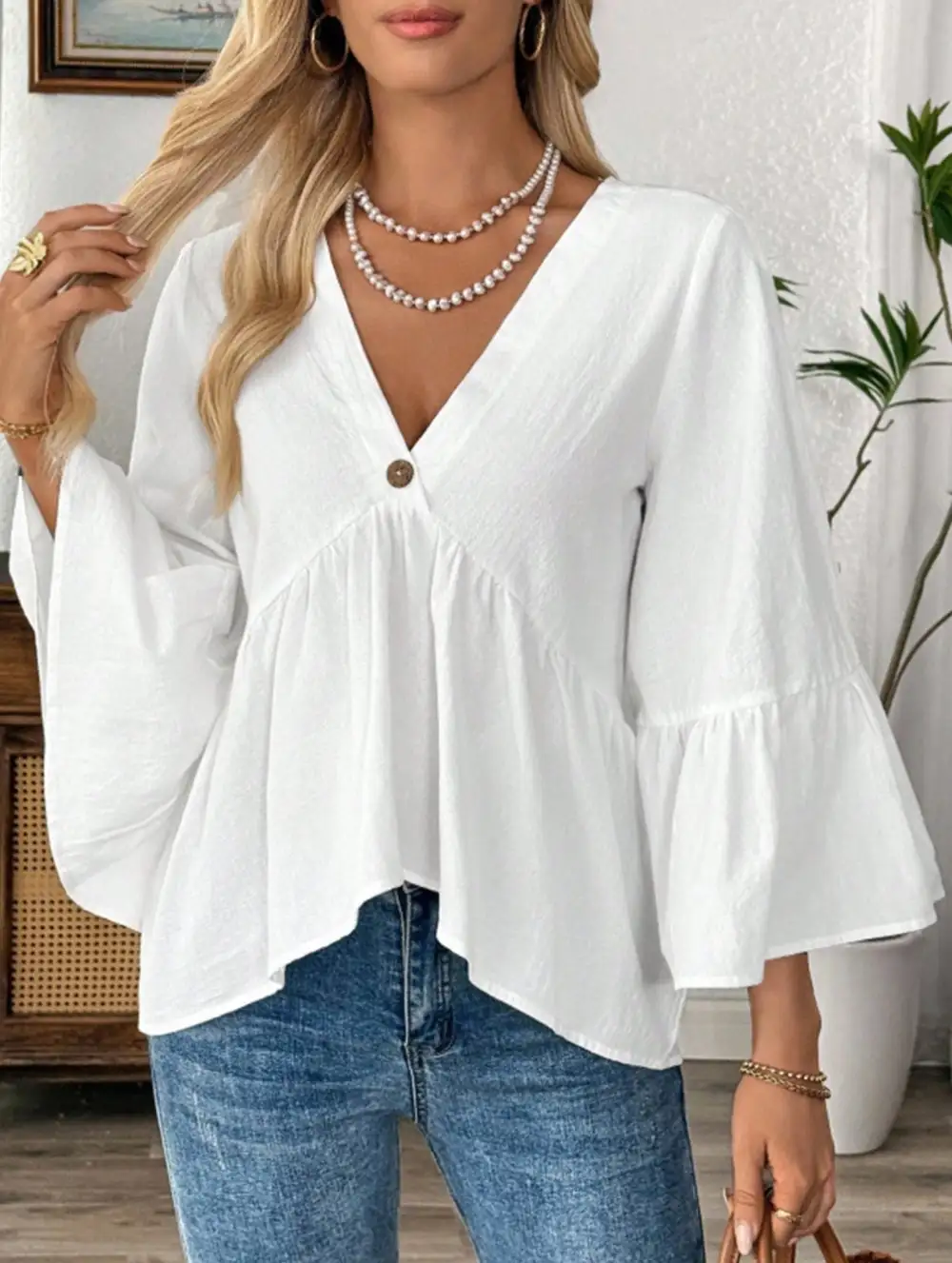 V-Neck Ruffle Sleeve Cotton Top
