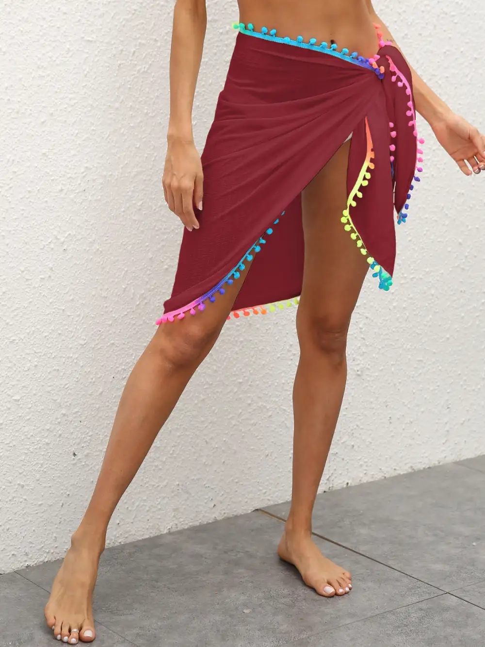 Rainbow Pompom Trim Skirt Swim Dress
