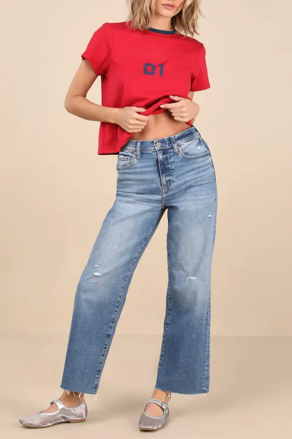 Daily Medium Wash Distressed Wide-Leg High-Rise Jeans