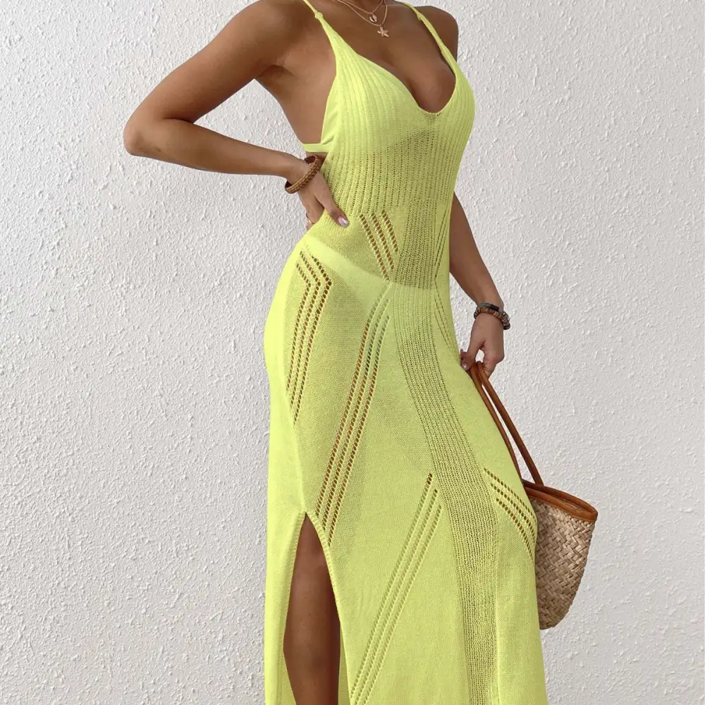 Women's V-Neck Spaghetti-Strap Mesh Slit Maxi Dress