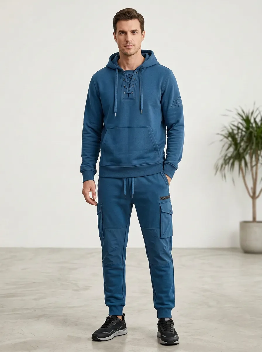 Functional Lace-Up Multi Pocket Heritage Look Men's Lace Up Hoodie And Cargo Jogger Set