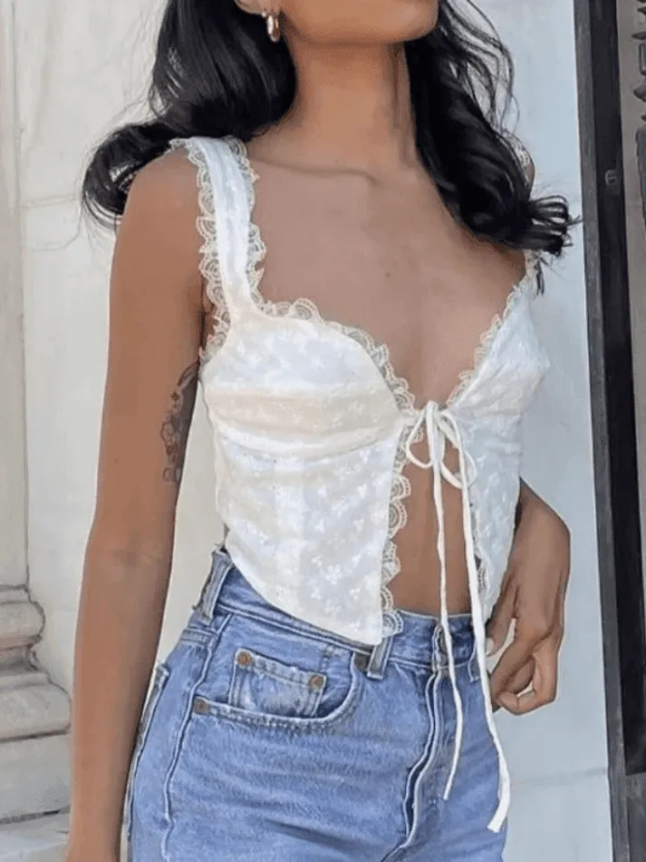 V-Neck Lace Tie-Front Lace-Up Tank Top