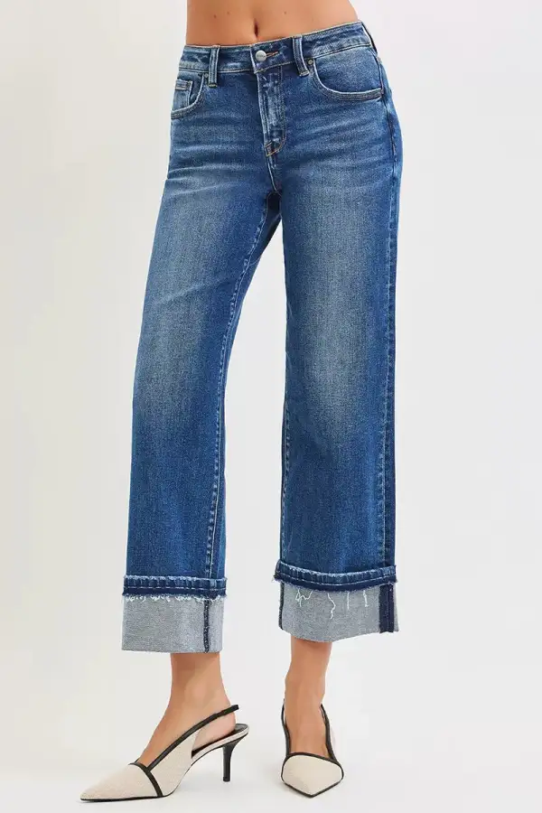 Mid Rise Straight Leg Cuffed Denim Jeans