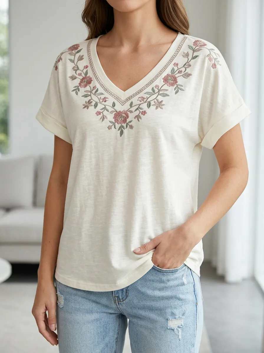 Everyday V Neck Floral Print Women's Short Sleeve Tee