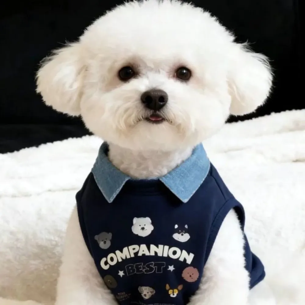 Pet Dog Vest Denim Lapel Sleeveless Shirt Cartoon Dog Face Print Soft Cotton Clothes for Small Medium Puppy Kitten