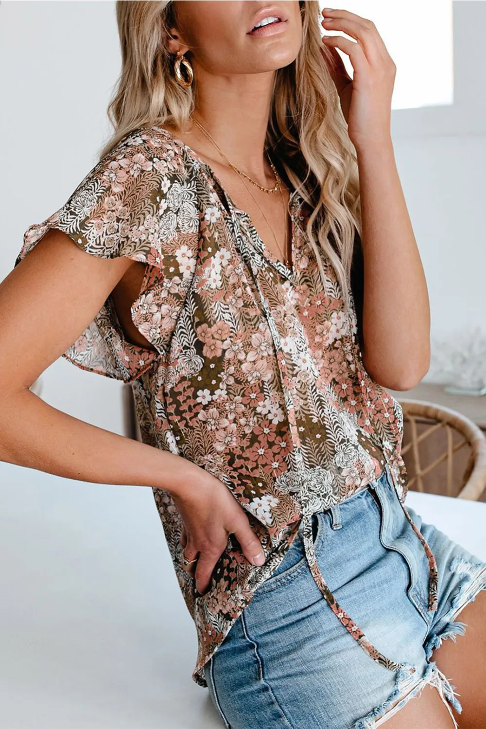 Khaki V Neck Short Sleeve Blouse